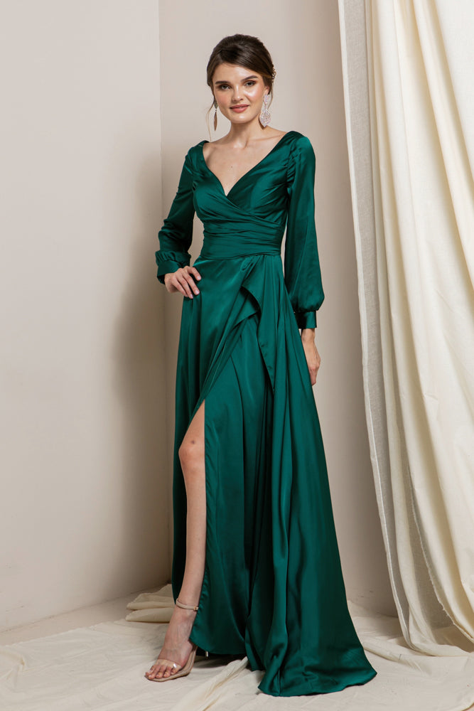 Hattie - Long Sleeve Chermeuse Dress - Hunter Green
