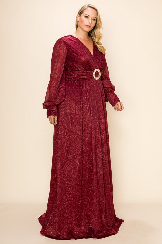 Hazel - Long Sleeve Gown with Belt Detail - Plus Size - Wine