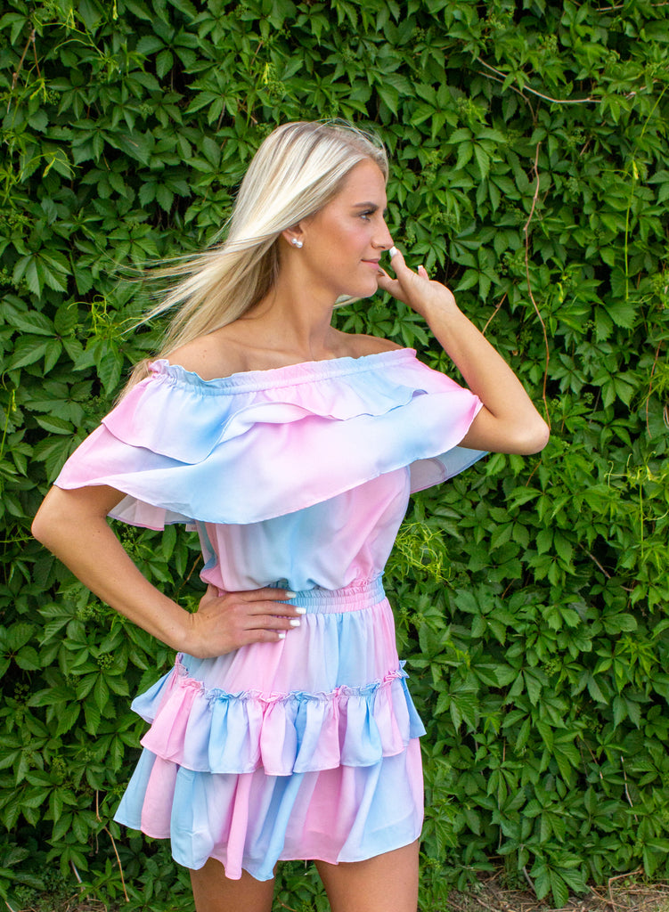 Buddy Love: Kierra Ruffled off the shoulder Mini Dress - Cotton Candy