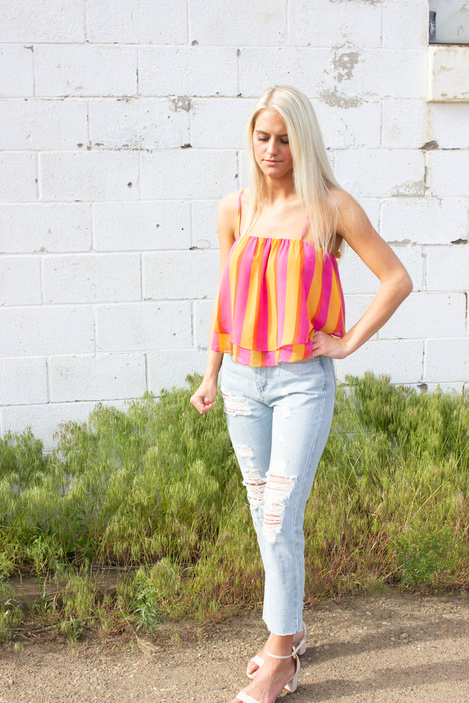 Buddy Love: Genna Short Swing Tank Top - Fruity Pebbles - Orange Stripes