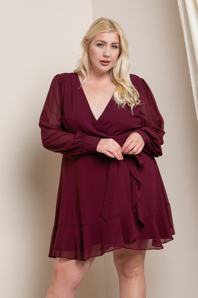 Victoria - Long Sleeve Mini Dress - Plus Size - Burgundy