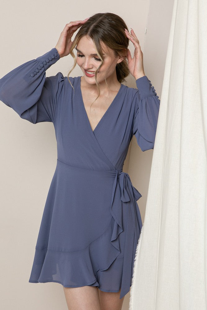 Vic - Long Sleeve Mini Dress - Slate Blue