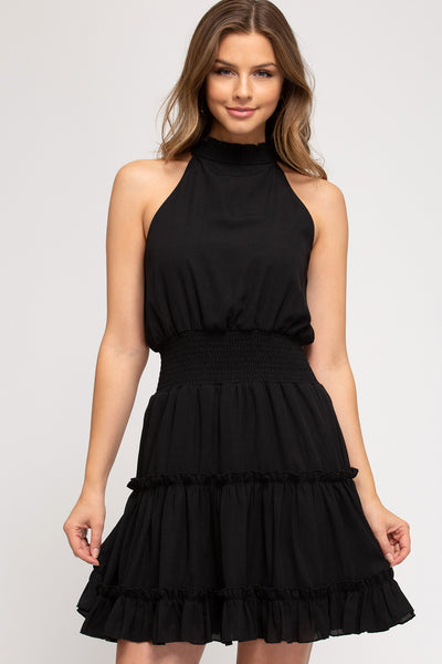Floride Dress-  Ruched Woven Dress with Zipper Detail- Black - Medium