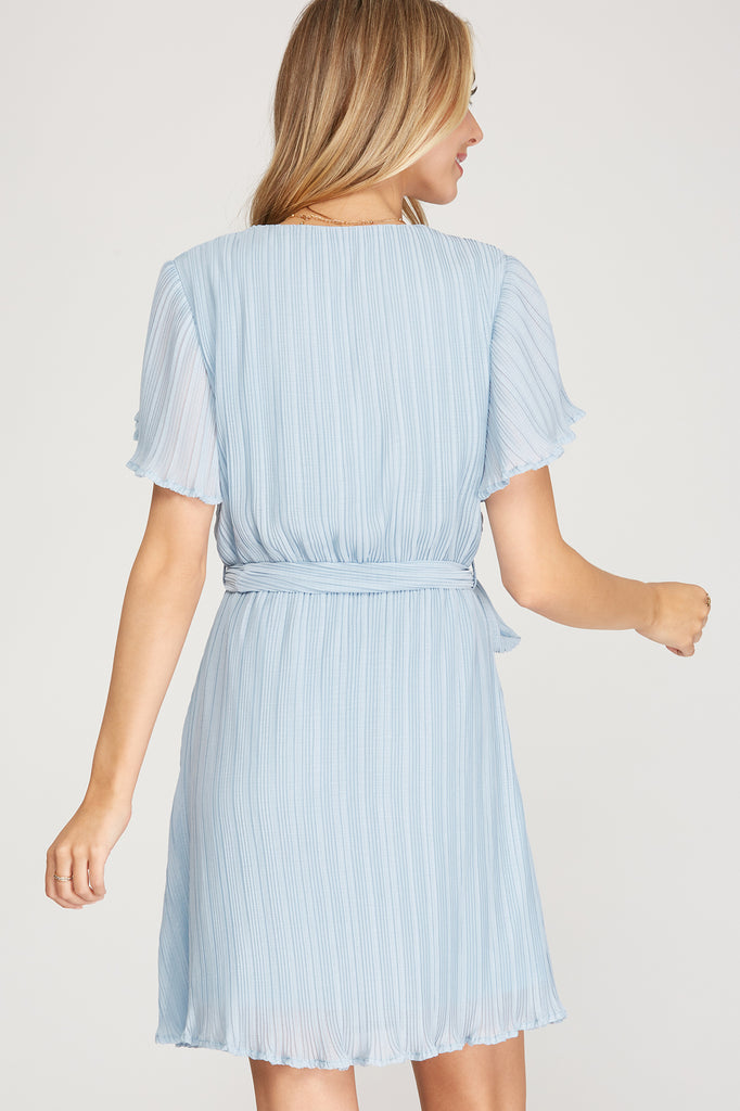 Celebratory - Short Sleeve Pleated Dress - Light Blue