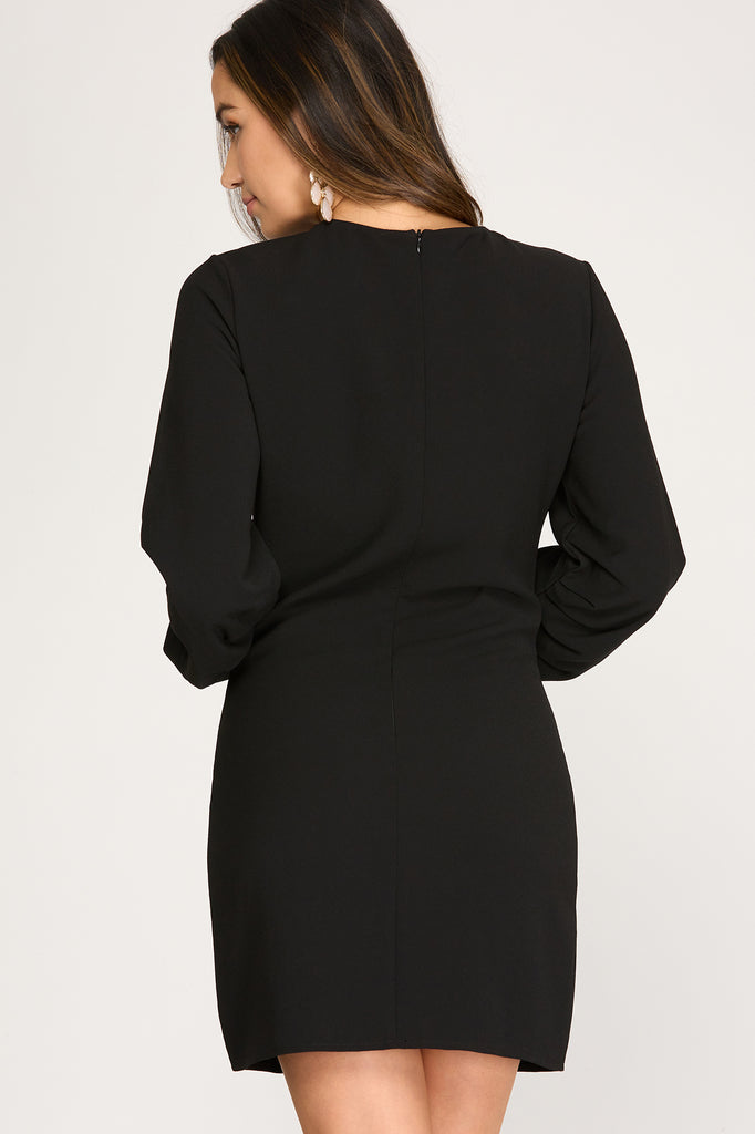 Floride Dress-  Ruched Woven Dress with Zipper Detail- Black