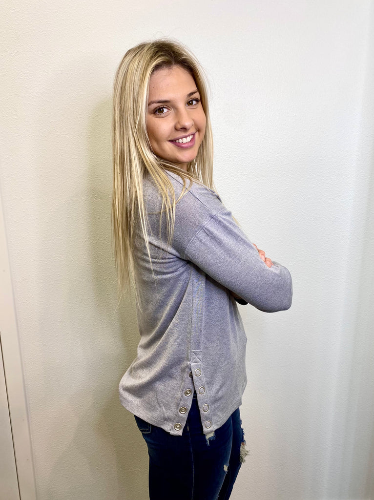 Acton - Button Detail Knit Top - Grey - SMALL