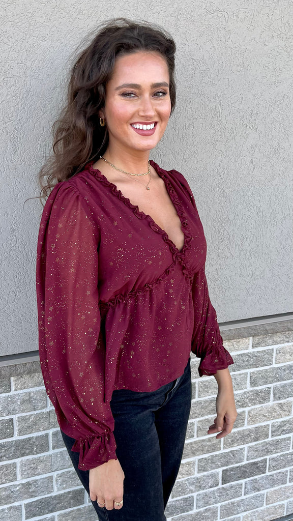 Kai - Burgundy Blouse with Gold Details - SMALL