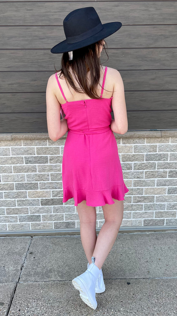 Laura Dress - Hot Pink Wrap Dress with Ruffled Skirt