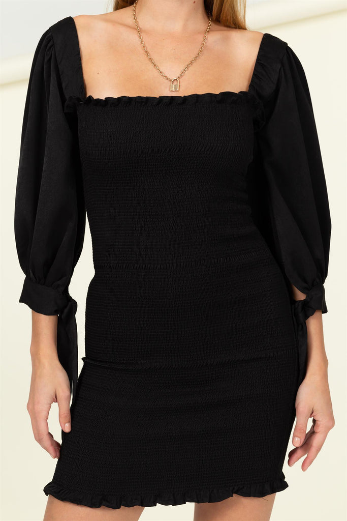 Kenzie - Ruched Long Sleeve Party Dress - Black