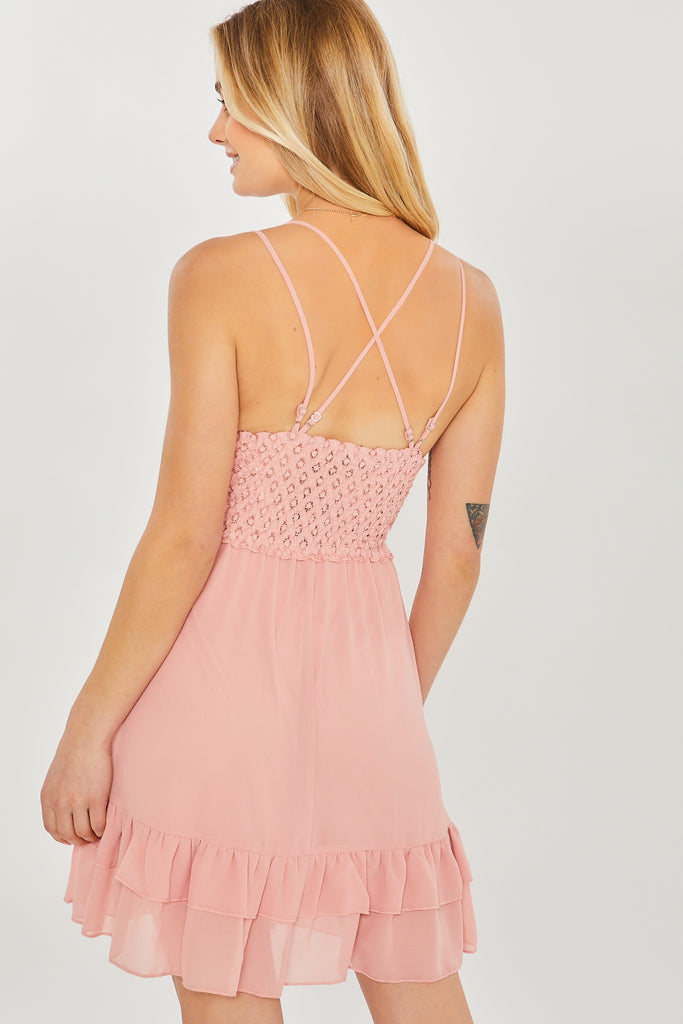 Miss Amber - Lace Bodice Mini Dress - Mauve