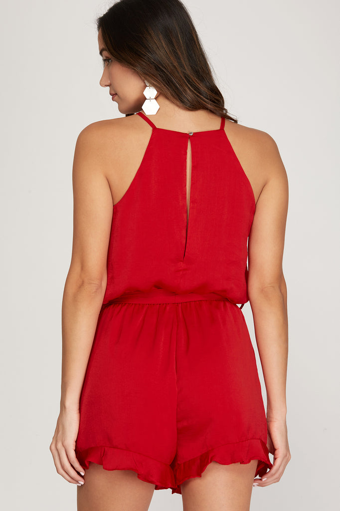 Best of the Class - Satin Romper with Ruffle Hem - Red